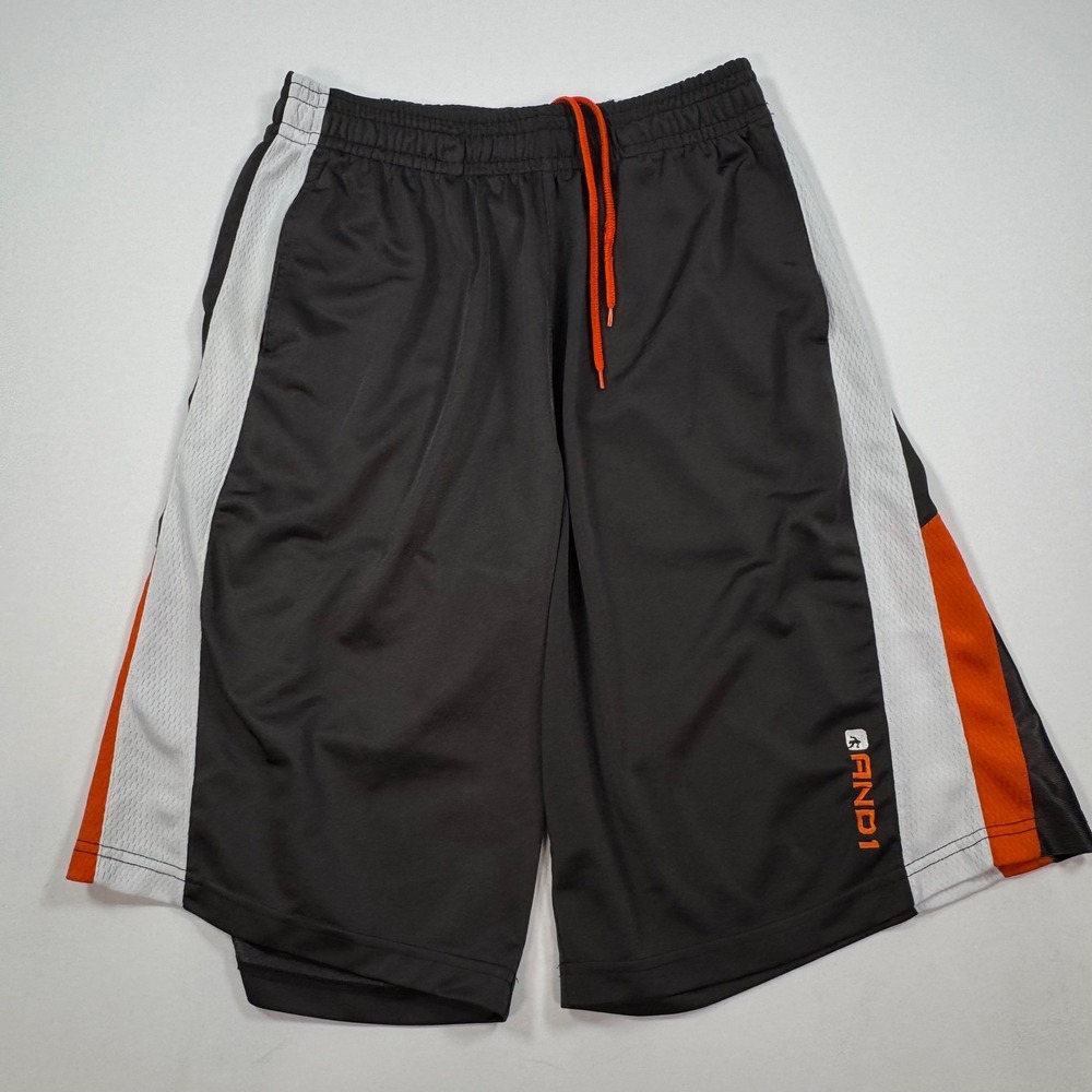 AND1 Mens Basketball Shorts Gray White Orange Mesh Athletic Gym Size Medium